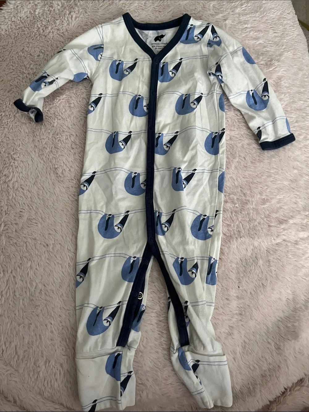 Monica + Andy Baby Footed One-Piece Pajama with Blue Sloth Print - Navy Trim